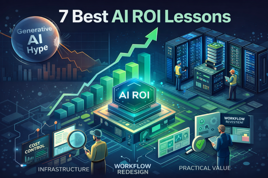 Illustration showing AI ROI and the shift from AI hype to practical business value, infrastructure, and workflow redesign.