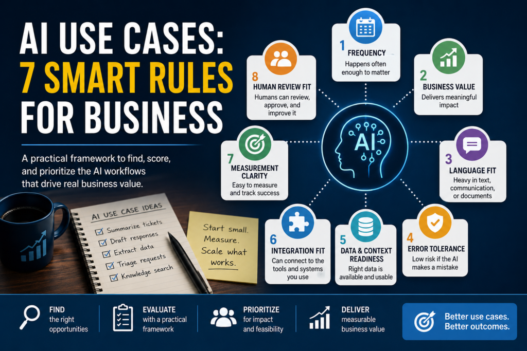 Infographic showing seven smart rules for evaluating AI use cases in business, including frequency, business value, language fit, error tolerance, data readiness, integration fit, and measurement clarity.