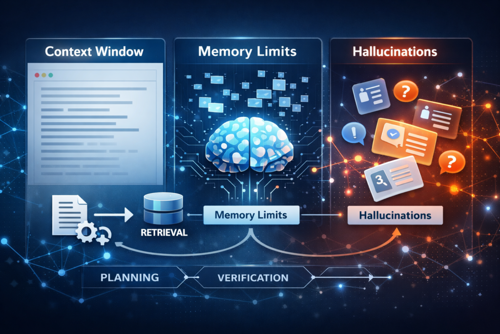 Visual overview of how context windows, memory limits, retrieval, planning, and verification affect hallucinations in modern LLM systems.