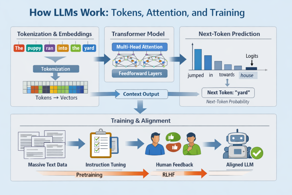 Diagram explaining how LLMs work from tokens and embeddings to attention, training, and next-token prediction