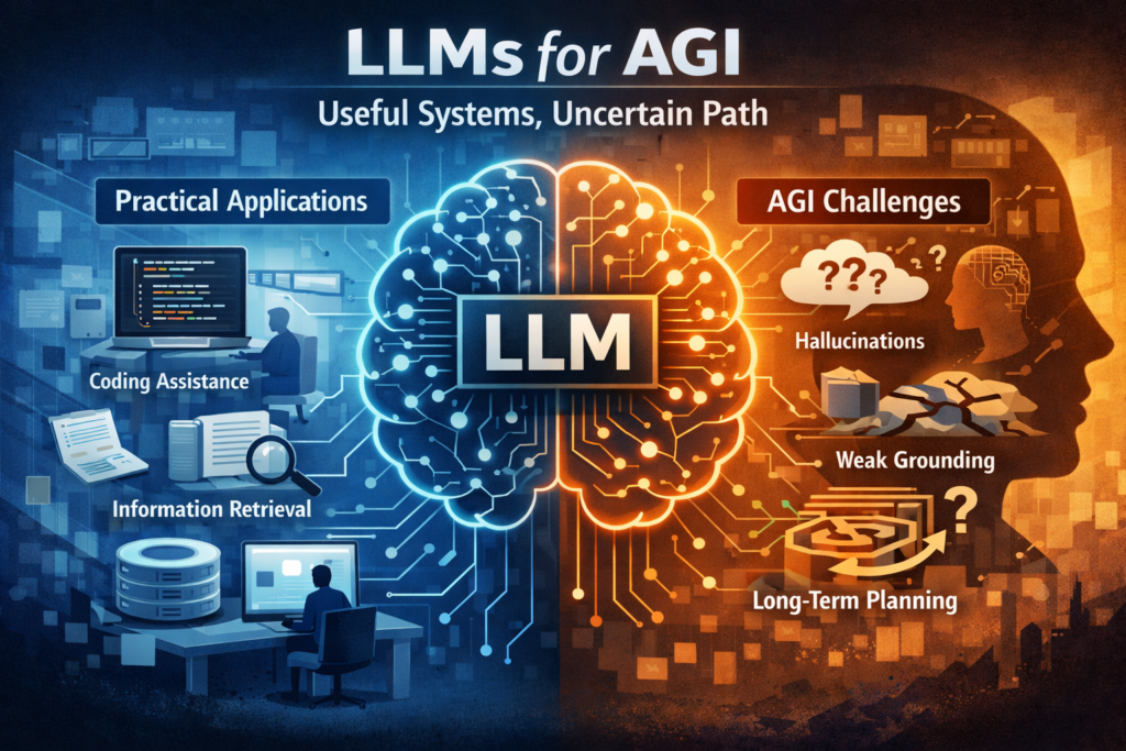 Concept illustration for LLMs for AGI showing a large language model between practical business use cases and the limits of general intelligence