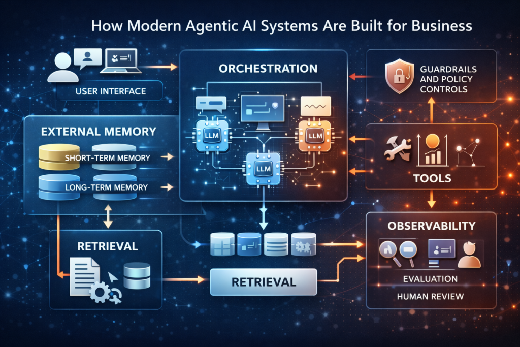 Diagram showing how modern agentic AI systems for business use orchestration, memory, retrieval, tools, guardrails, and observability.
