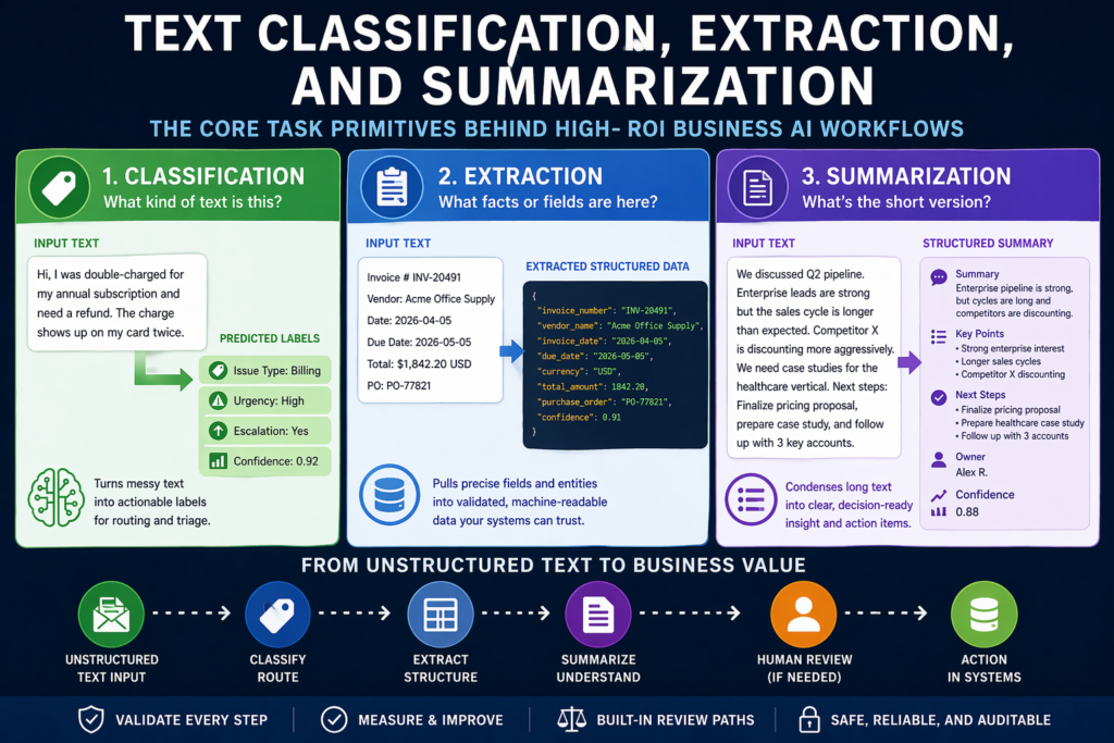 text classification, extraction, and summarization workflow for business AI systems