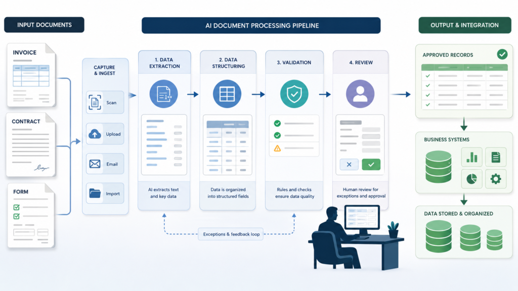 AI document processing workflow turning invoices, contracts, and forms into validated structured business data