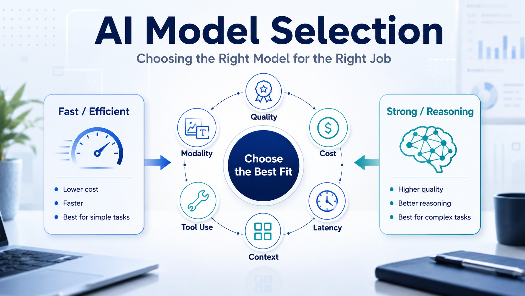 AI model selection decision framework for business AI workflows comparing quality, cost, latency, and risk